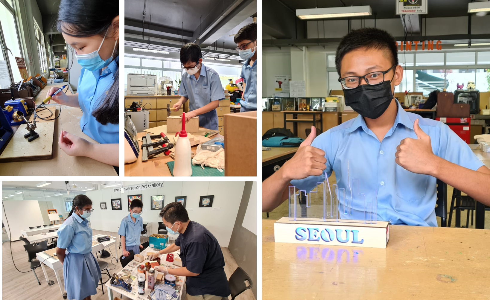 Collage of students in a workshop; one gives thumbs up behind a glowing SEOUL skyline model.